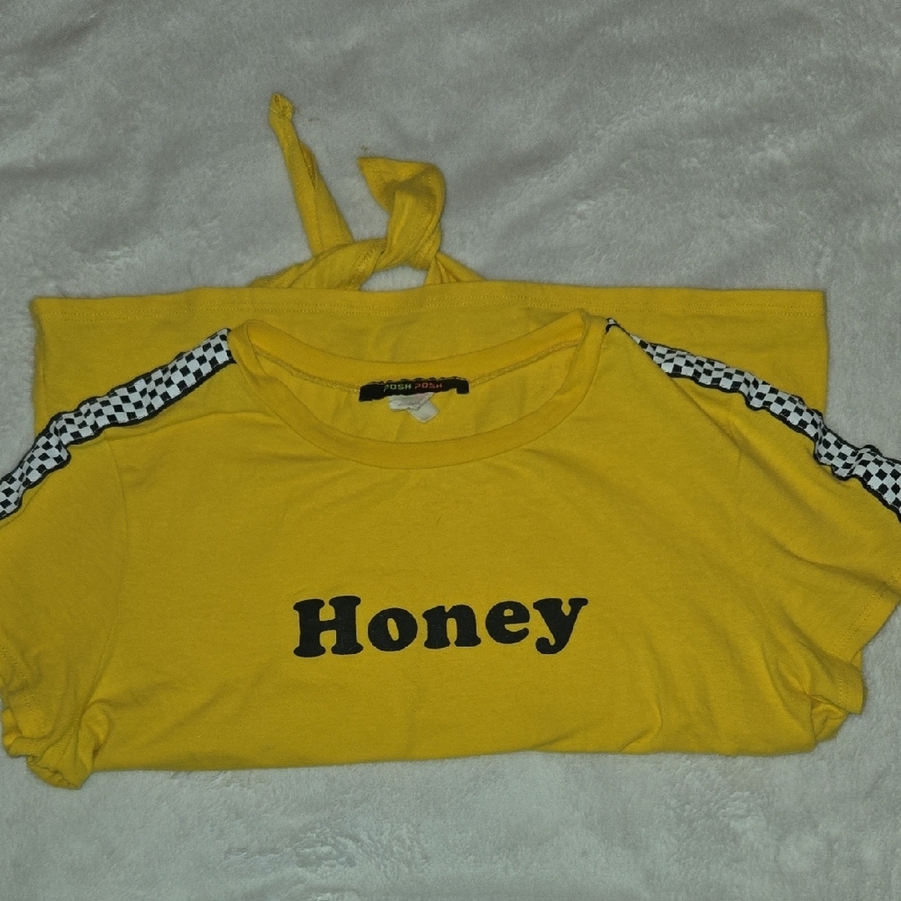 PoshPosh M Y2K Tie Front CROP TOP "HONEY" Checked Flirty Tshirt 90's Vntg Swag - Picture 8 of 8